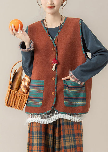 Red Striped Pockets Button Waistcoat and Top Two Piece Set Fall