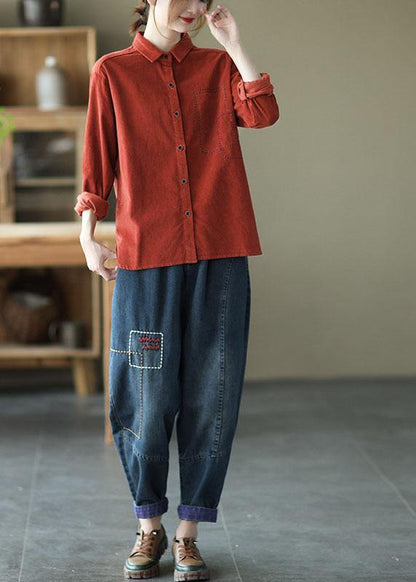Style Red Retro Peter Pan Collar Button Fall Corduroy Long Sleeve Tops