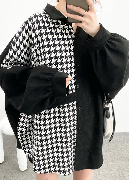 Black Asymmetrical Button Patchwork Cotton Shirt Batwing Sleeve