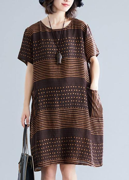 Chocolate Dotted Cotton Tunic Top O Neck Pockets Short Dress