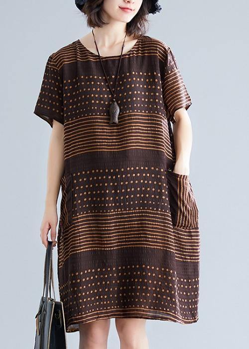 Chocolate Dotted Cotton Tunic Top O Neck Pockets Short Dress