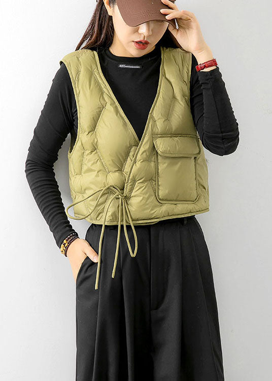 Light Green V Neck Tie Waist Winter Sleeveless Down Vest