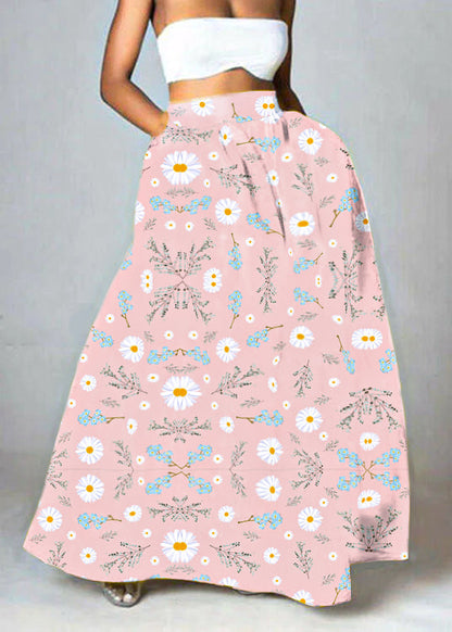 Yellow High Waist Pockets Print Cotton a Line Skirt Summer