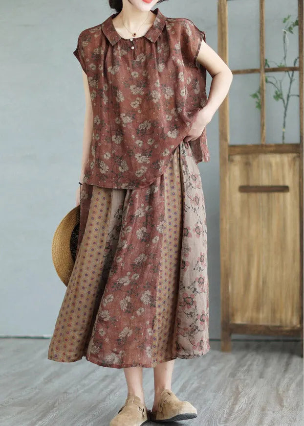 Handmade Peter Pan Collar Print Linen Shirts and Maxi Skirts Two Pieces Set Summer