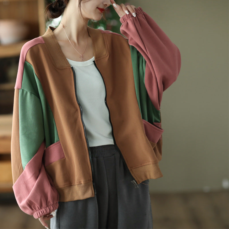 Retro Color-blocking Loose Long-sleeved Literary Jacket