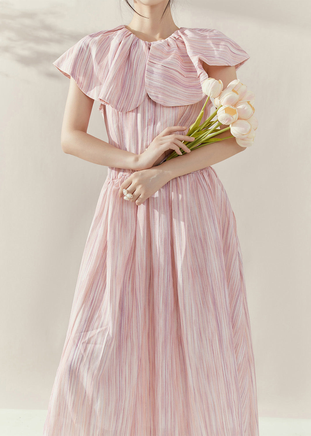 Pink Peter Pan Collar Tie Waist Maxi Dress Short Sleeve