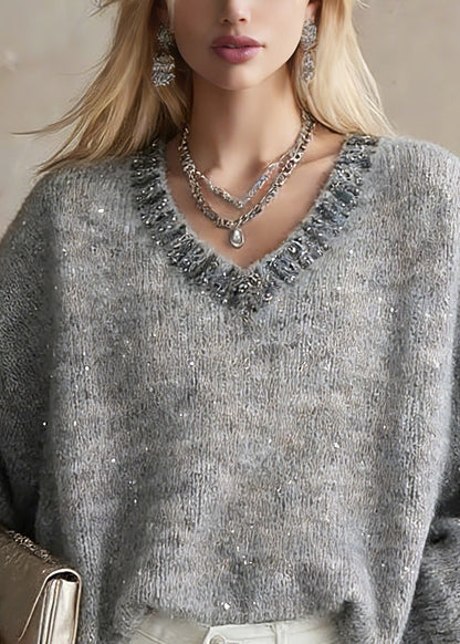 Organic Grey V Neck Zircon Cotton Knit Short Sweater Lantern Sleeve