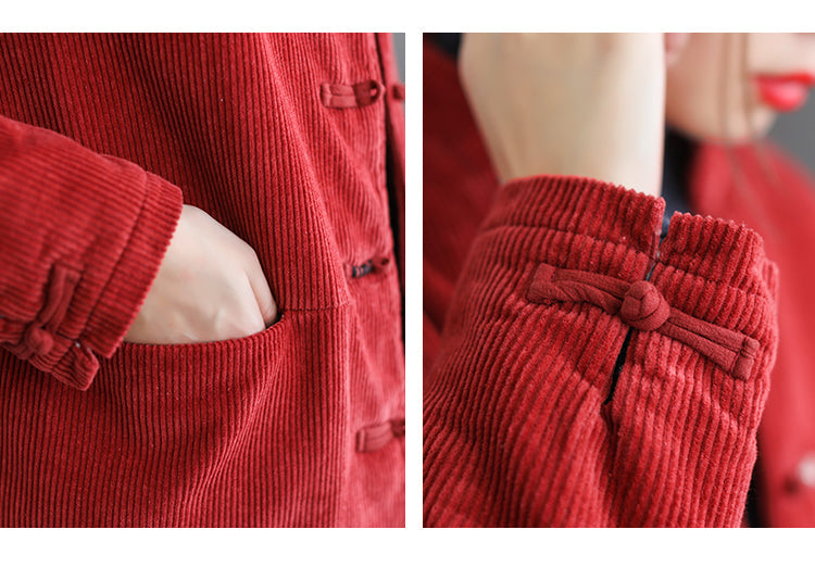 Stand Collar Corduroy Buckle Stripe Thermal Jacket