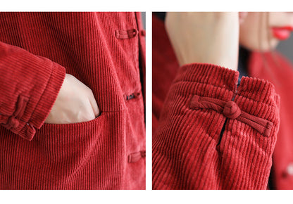 Stand Collar Corduroy Buckle Stripe Thermal Jacket