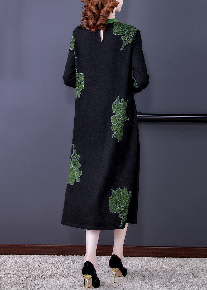 New Black O Neck Print Pockets Knitting Cotton Dresses Long Sleeve
