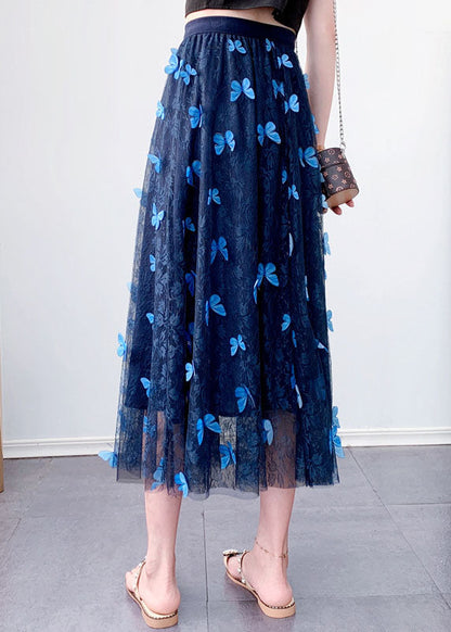 Blue Elastic Waist Tulle Jacquard Fall Skirt