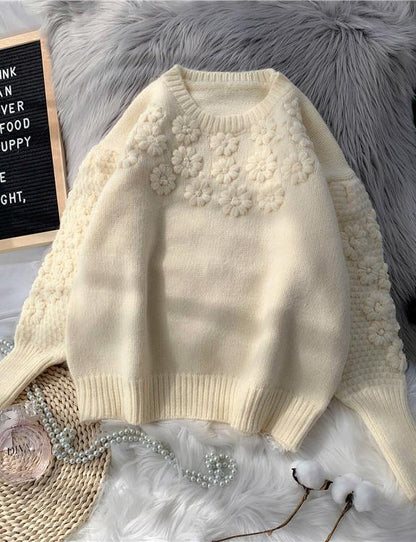 Comfy Beige Knitted Top O Neck Embroidery Oversize Knit Tops