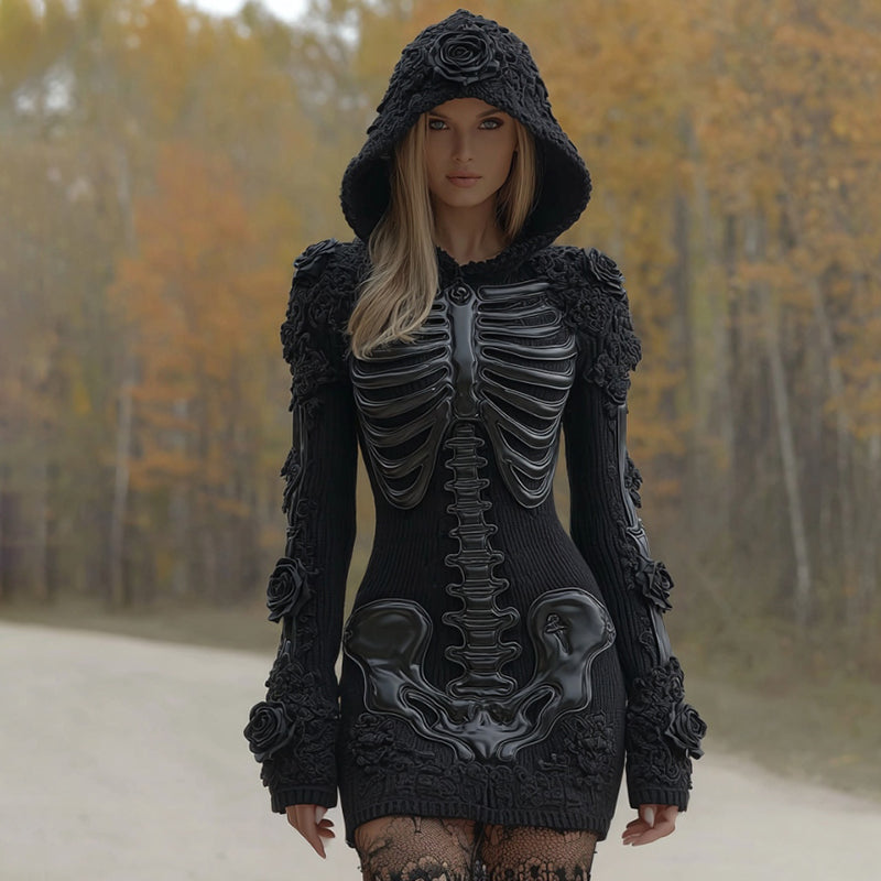 Comstylish Women's Vintage Halloween Skeleton Bones Rose Lace Art Cozy Knit Hooded Sweater Dress