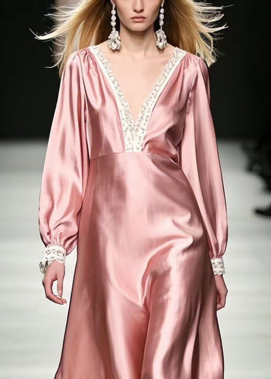 Pink V Neck Patchwork Silk Vacation Dresses Spring