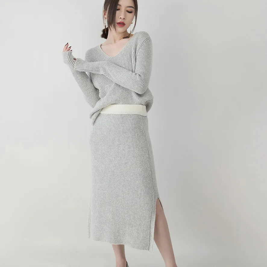 Gray Knit Sweaters Clothing V Neck Knitted Blouses Side Open Skirt Two Pieces
