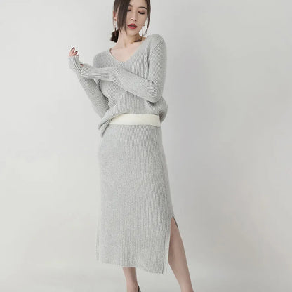 Gray Knit Sweaters Clothing V Neck Knitted Blouses Side Open Skirt Two Pieces