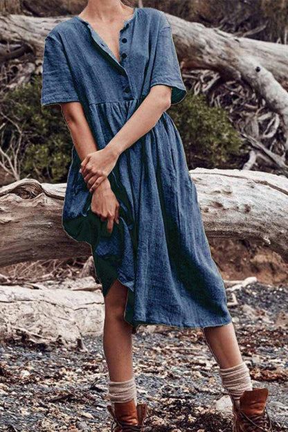 Button O Neck Midi Dress