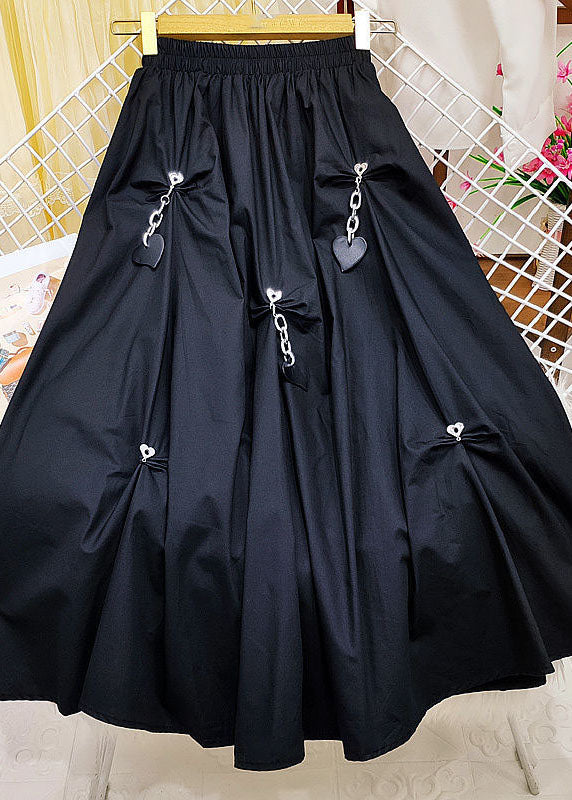 Black Elastic Waist Wrinkled Heart Decorated Cotton Skirts Summer