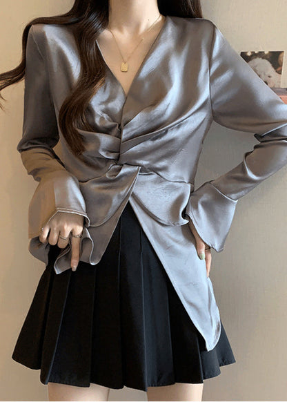 Grey Side Open Wrinkled Silk Shirt Tops Fall