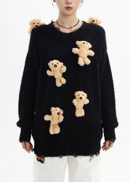 Stylish Black Oversized Bear Ripped Knitted Tops Winter