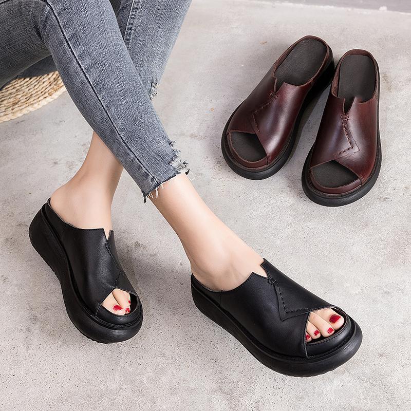 Sewing Platform Leather Slippers