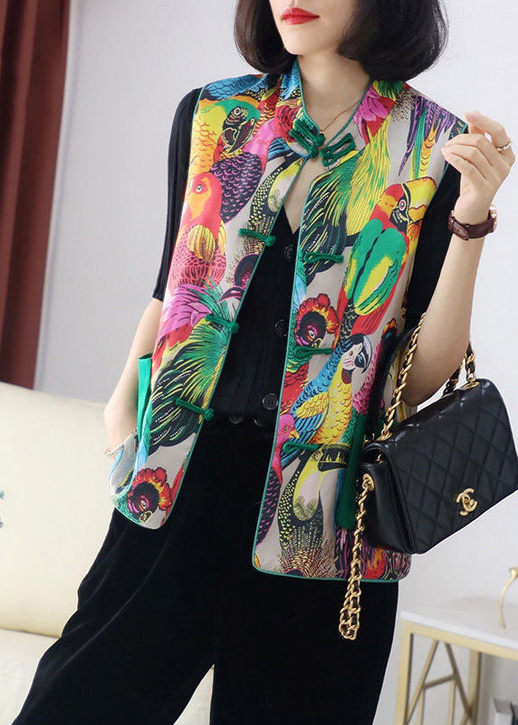 Retro Print Pockets Button Fall Sleeveless Vest