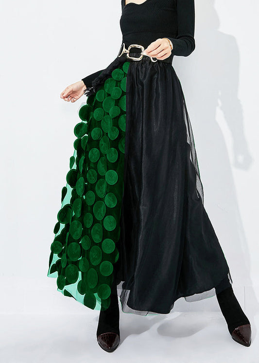 Black-green Dot Ruffled Patchwork Dot Tulle a Line Skirts Summer