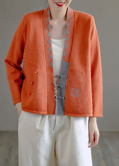Art Beige V Neck Embroidered Asymmetrical Design Patchwork Fall Knit Sweaters