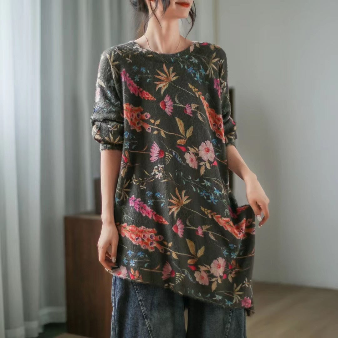 Retro Literary Print Mid-length Irregular Sweater
