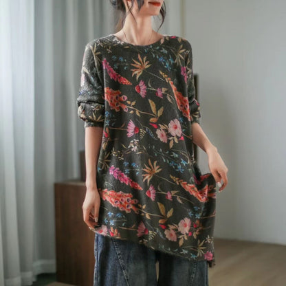 Retro Literary Print Mid-length Irregular Sweater