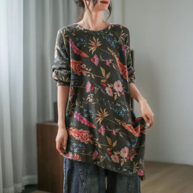 Retro Literary Print Mid-length Irregular Sweater