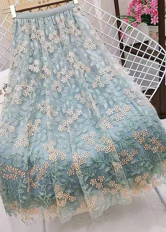 French Green Embroideried Straight Fall Skirts