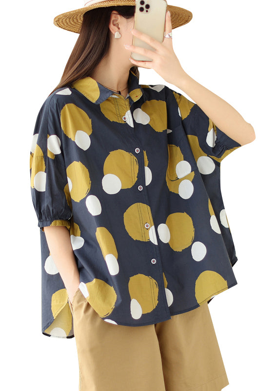 Navy Peter Pan Collar Print Cotton Shirt Tops Summer