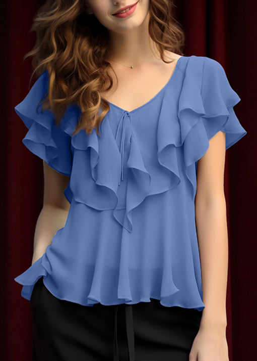 Grey Ruffled Patchwork Chiffon Blouses Summer