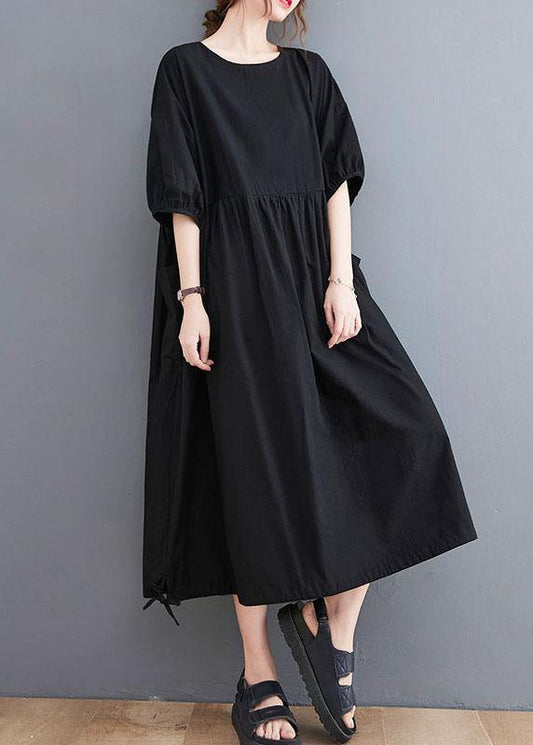 Style Black Cinched O Neck Holiday Dress Puff Sleeve