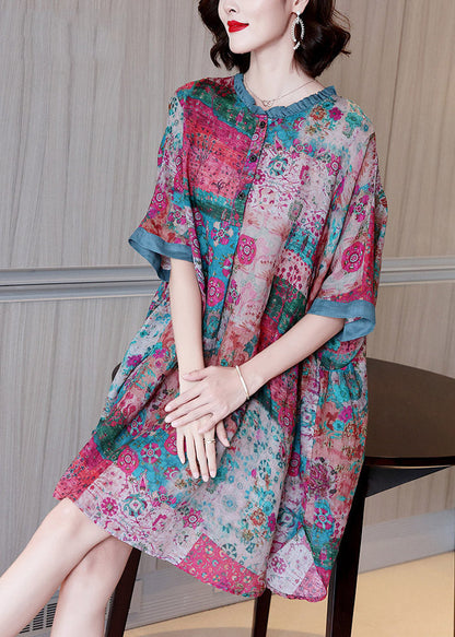 Red O-neck Print Button Side Open Linen Dress Half Sleeve