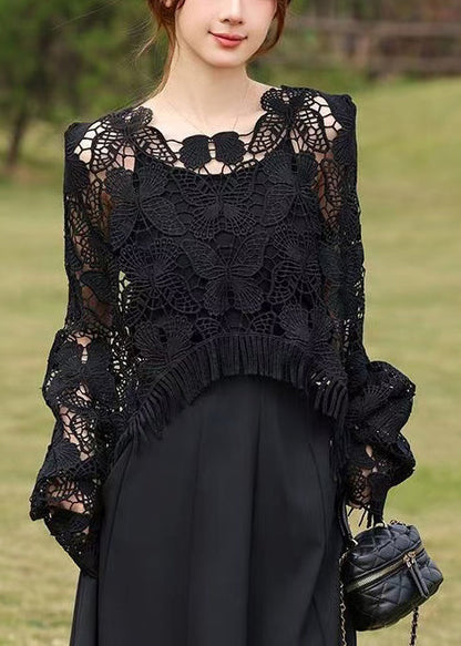Style Black Embroidered Hollow Out Tasseled Top Fall
