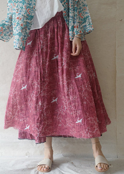French Red Elastic Waist Drawstring Pocket Print Linen Skirts Spring