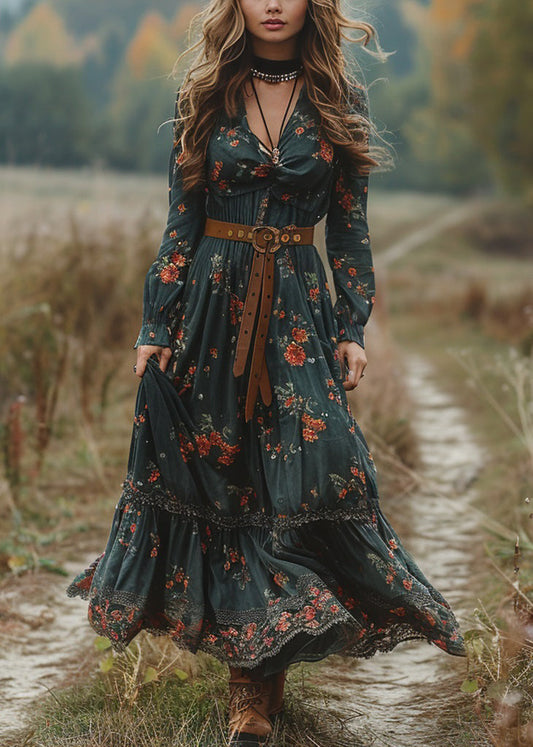 Green V Neck Print Patchwork Cotton Maxi Dresses Spring
