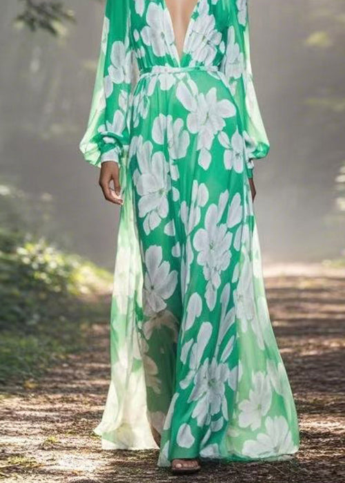 European and American Style V Neck Print Chiffon Maxi Dress Spring