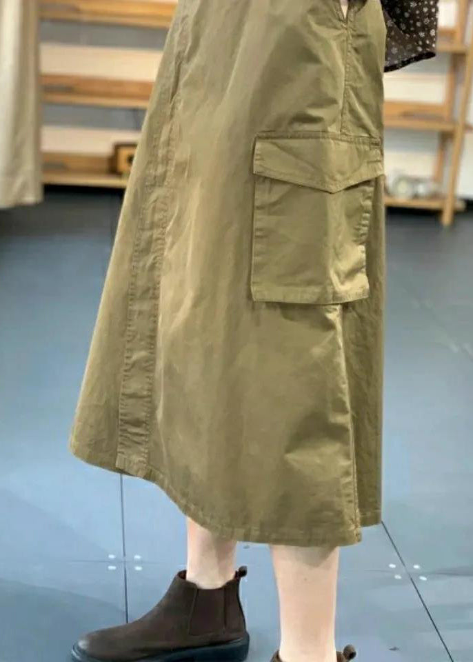 Khaki Button Pockets Patchwork Cotton Skirt Fall