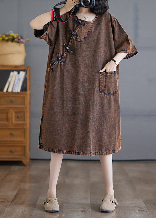 O-neck Button Side Open Denim Long Dresses Short Sleeve
