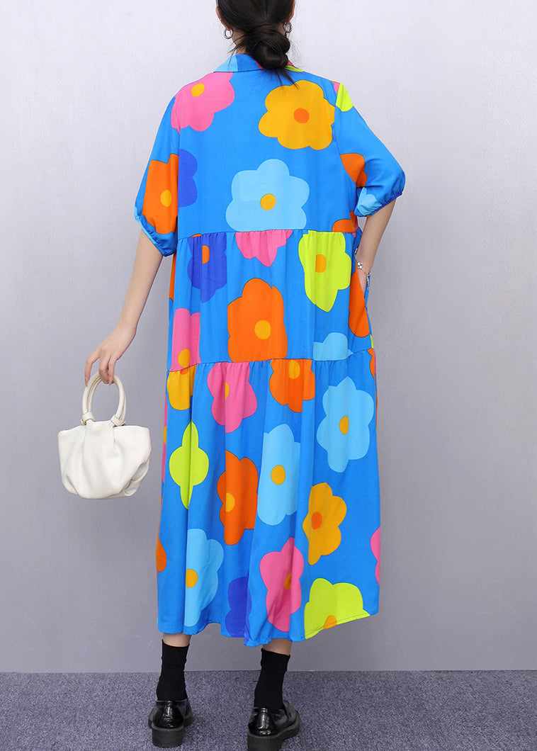 Blue Print Pockets Patchwork Cotton Blouses Dresses Half Sleeve