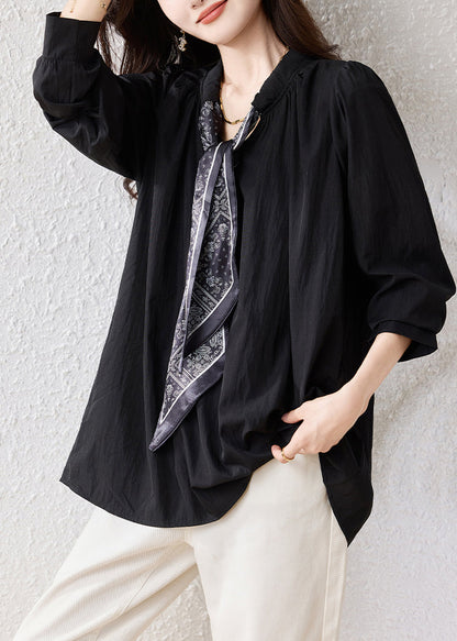 Black Oversized Scarf Cotton Blouse Top Fall