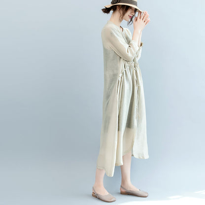 Baggy Off White Midi Linen Silk Blended Dresses Loose Fitting Dress Fine Tie Waist Long Sleeve O Neck Baggy Dresses