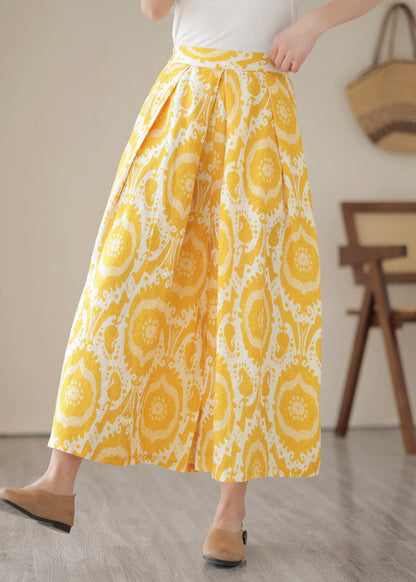 Yellow High Waist Pockets Print Crop Pants Skirt Summer
