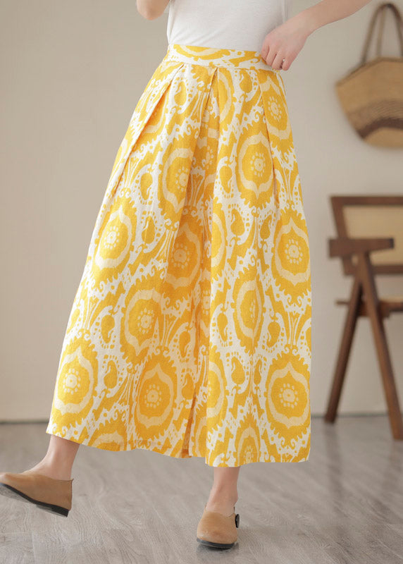 Yellow High Waist Pockets Print Crop Pants Skirt Summer