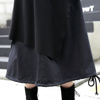 Baggy Black Midi-length Skirt Oversize Traveling Clothing Patchwork Asymmetrical Design Autumn Skirt
