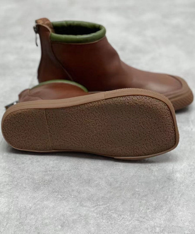 Chocolate Zippered Boots Cowhide Leather Ankle Boots