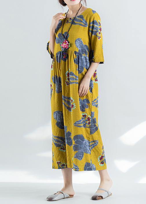 100% Yellow Prints Linen Dress Catwalk High Waist Summer Dresses